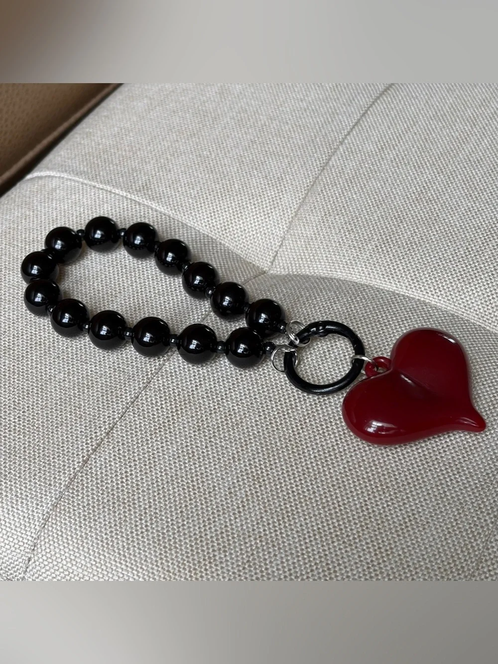 Black Beaded Bracelet/Keychain with Red Heart Charm